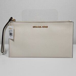 Michael Kors Jet Set Large Zip Clutch Wristlet Leather Vanilla